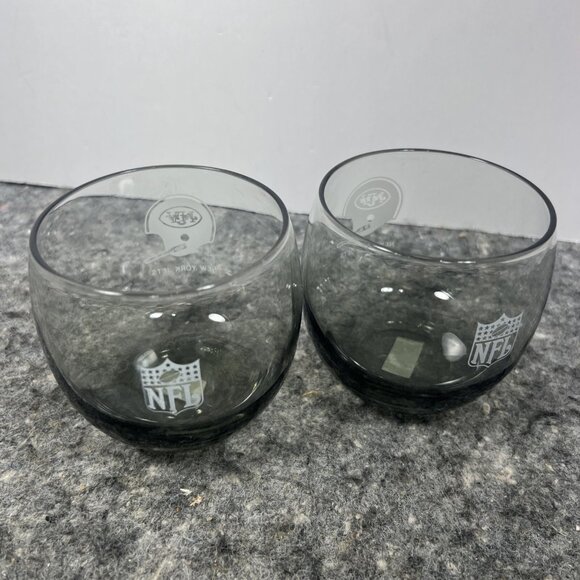 2 VTG 1970s NFL New York Jets Smoked Glass Round Rocks Whiskey Wine Glass - Picture 2 of 10